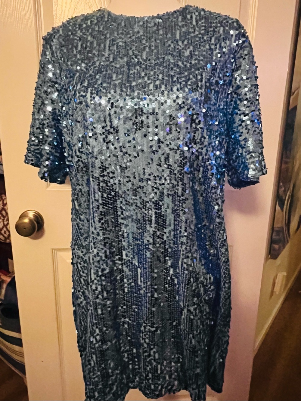 Blue Sequin Short-Sleeve Backless Party Dress